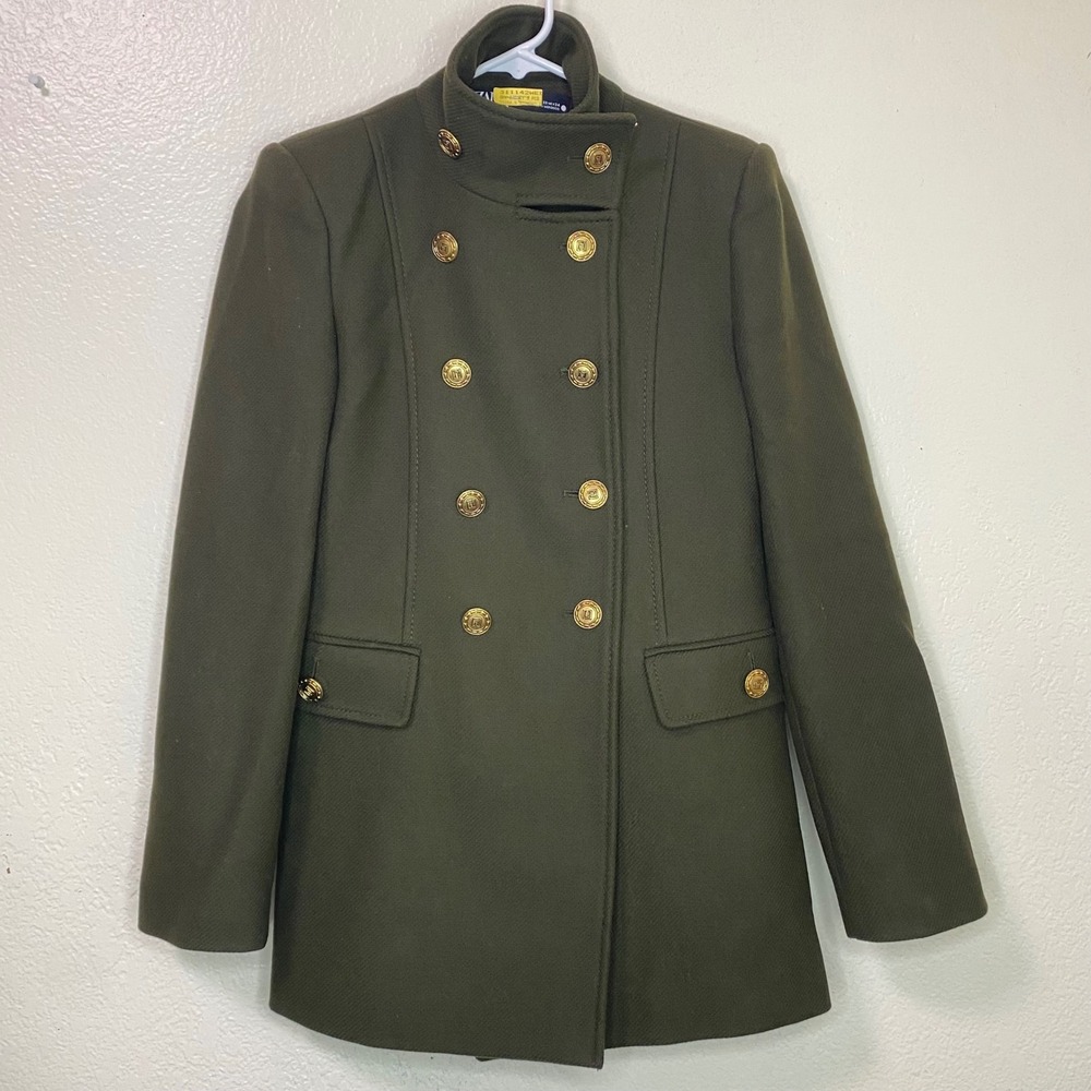 Zara x Manteco Wool Blend Military Coat Olive Green Gold Crest Button Womens XS